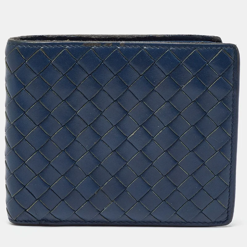 Bottega Veneta Blue Intrecciato Leather Bifold Wallet..