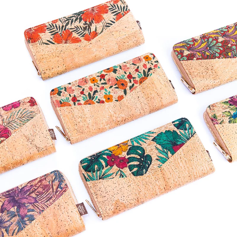 Flowers patterns natural cork women zipper card wallet BAG-2337