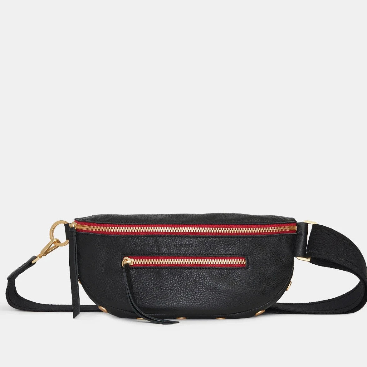 Black pebble leather with red zipper and brushed gold hardware